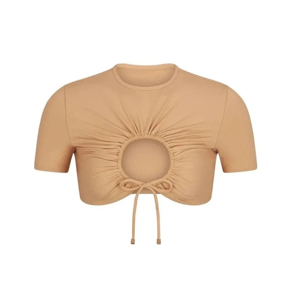 Skims Recycled Swim Size 4X Ruched T-Shirt Crop Top Keyhole Front Ochre